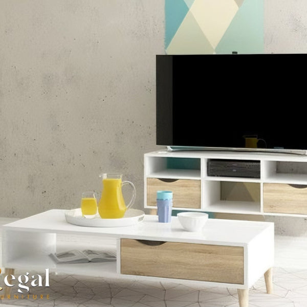 A set consisting of a table and a TV unit - white beige - set13