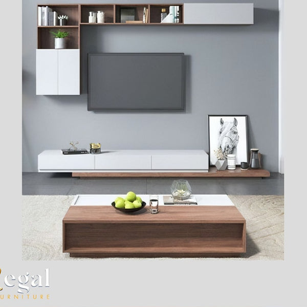 A set of a table and a TV unit with shelves - white brown - set9