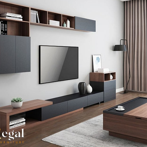 A set consisting of a table and a TV unit with shelves - black brown - set10
