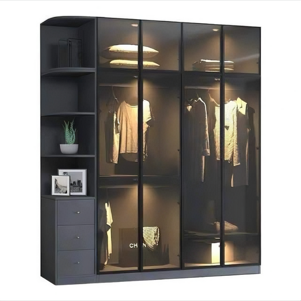 Wardrobe with 4 leaves, 160×200 cm - Gray Black - STRG141
