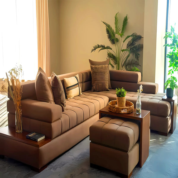 3-piece L-shaped corner and pouf 200x300 cm - Brown - Km 211 